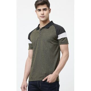 Leotude Men Olive Color Block Cotton Blend Casual T-Shirt