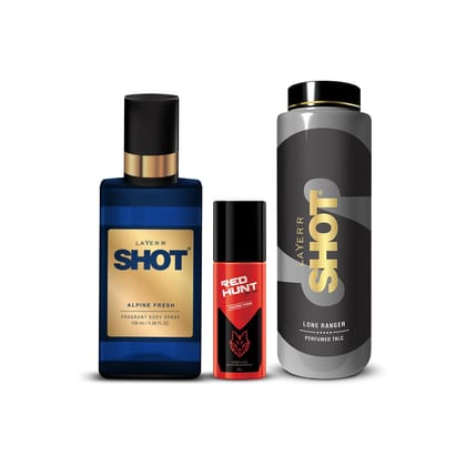 Layer'r Shot Fragrant Body Spray For Men - Pack of 3 | Alpine Fresh (130ml), Perfumed Talc (100 g) & Red Hunt Shaving Foam (50ml) | Long-Lasting & Skin-Friendly Premium Fragrance | Perfect For all occasions | Ideal Gift For Men