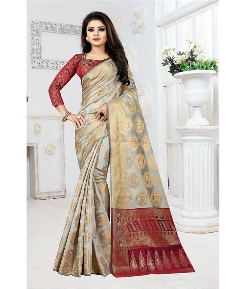 Gazal Fashions Banarasi Silk Embroidered Saree With Unstitched Blouse Piece ( Beige )