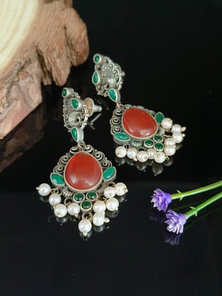 Silver Replica Monalisa Stone Dangler Earrings with Pearls for Special Occasions-Green+Orange