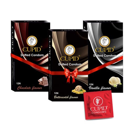 Cupid Dotted & Flavoured Condoms Chocolate, Butterscotch & Vanilla Flavour (Pack of 3) | Lubricated & Multitextured Condoms | For Her Enhanced Pleasure | Pack of 3, 12 Pcs Each