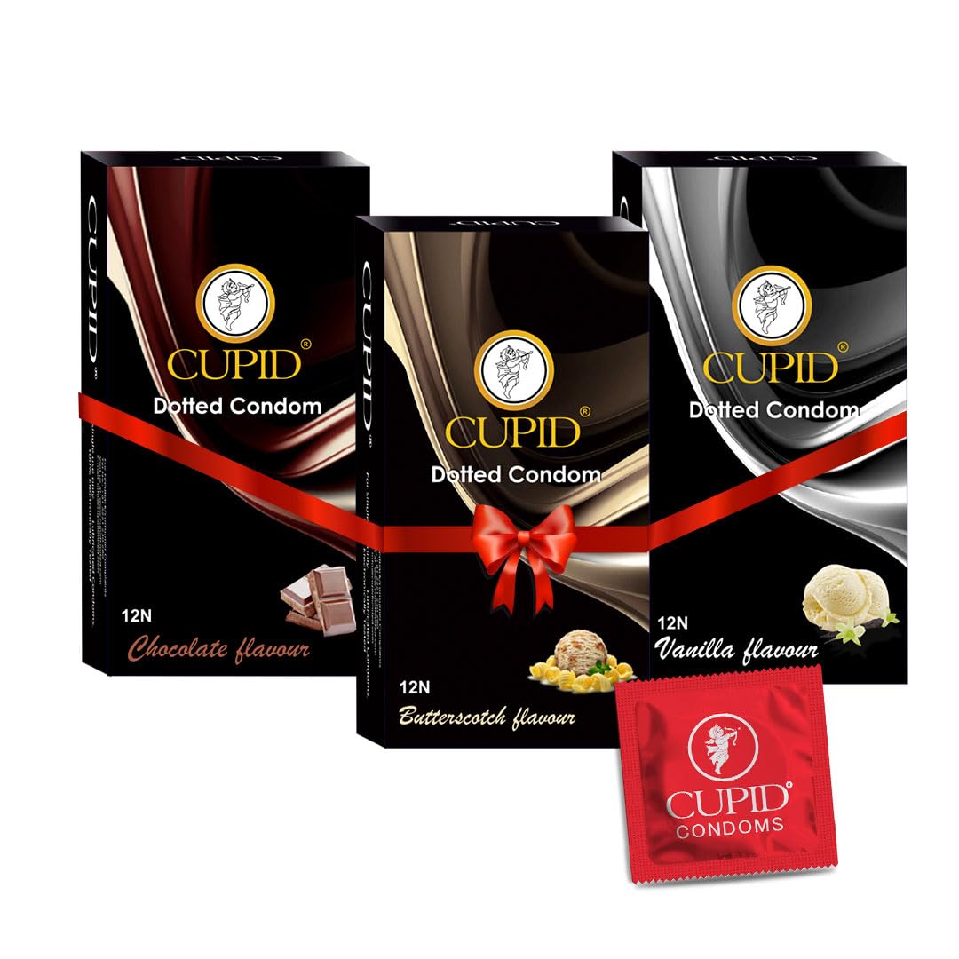 Cupid Dotted & Flavoured Condoms Chocolate, Butterscotch & Vanilla Flavour (Pack of 3) | Lubricated & Multitextured Condoms | For Her Enhanced Pleasure | Pack of 3, 12 Pcs Each