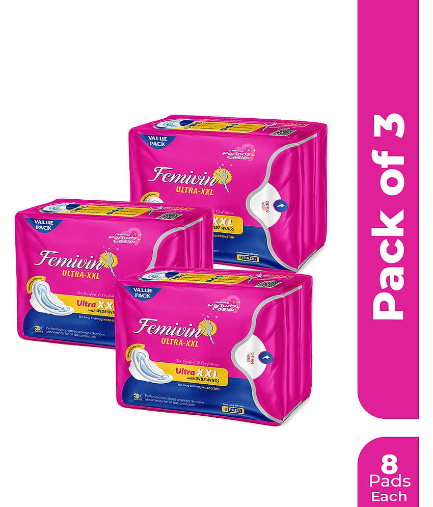 Leeford Cottony Cover XXL Ultra Sanitary Pad Soft Long Lasting Protection Pack of 3 (8 Pads Each)