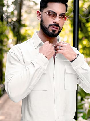 Cord Knit Textured Double Pocket Cream White Full Sleeve Shirt-S / White