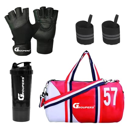 GROUPERS Duffle PU Leather Bag with Wrist BandlGym Bags(5N-SPD-GLVS-WB-57-RDWHT)
