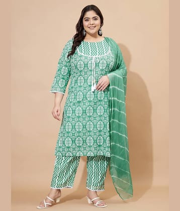 Vbuyz Women Cotton Blend Printed Straight Kurti With Pants ( Green )