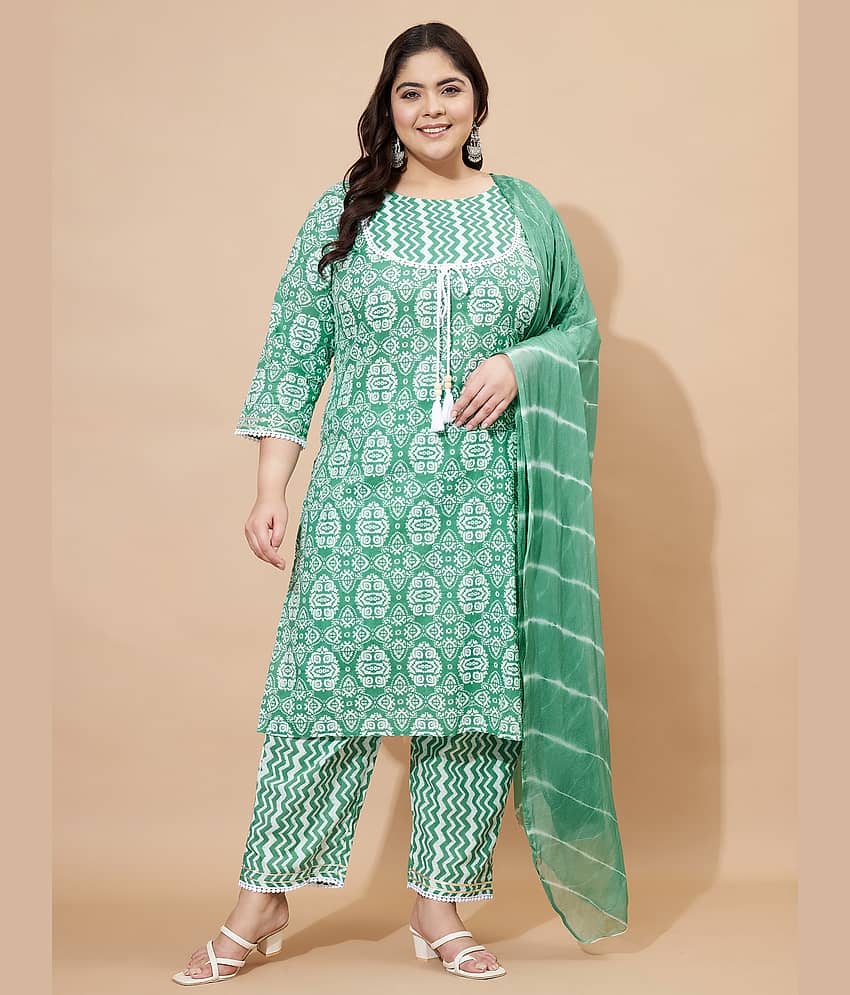 Vbuyz Women Cotton Blend Printed Straight Kurti With Pants ( Green )