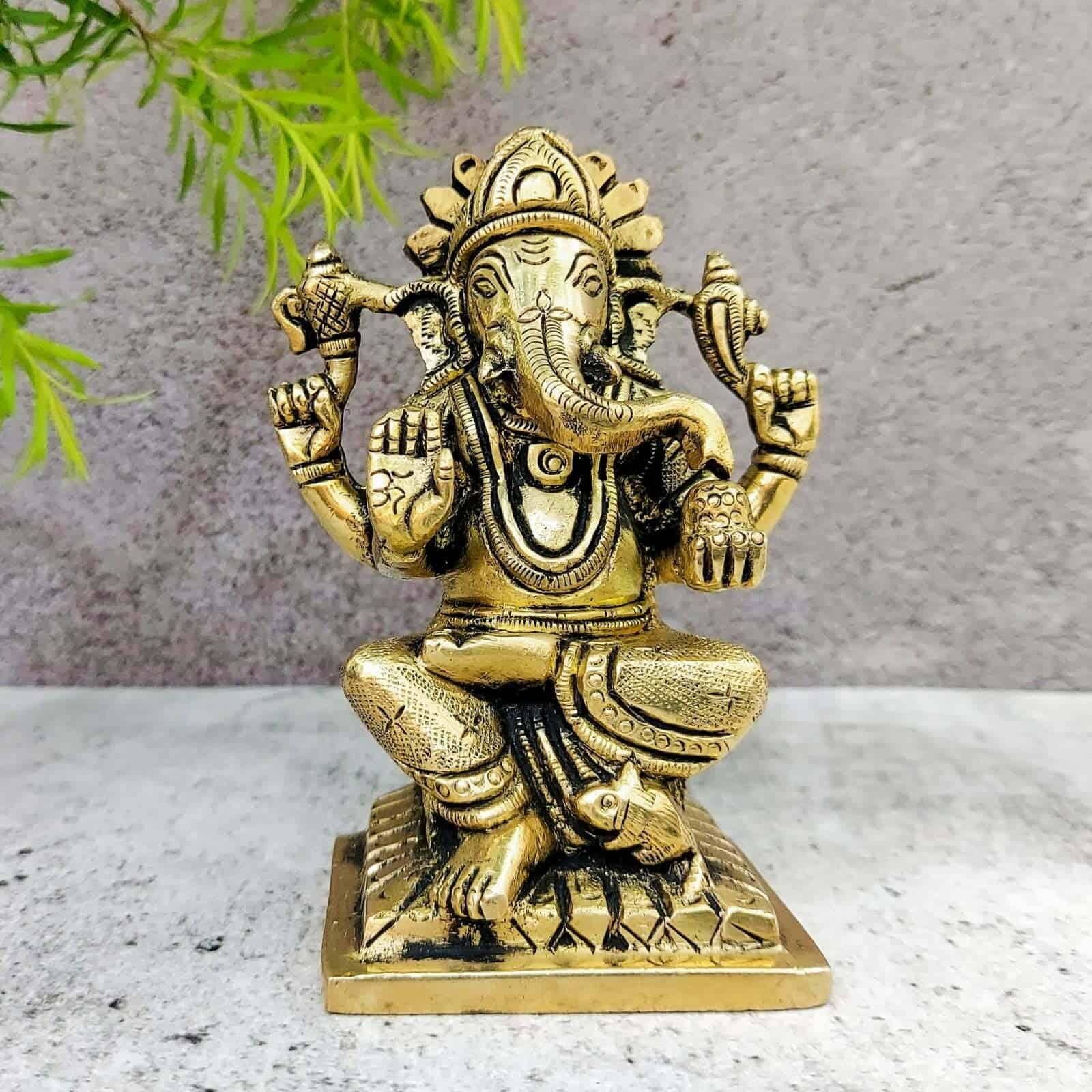 Brass Super Fine Ganesh Idol - 4 inch Height | Auspicious Brass Ganesh Sculpture for Pooja