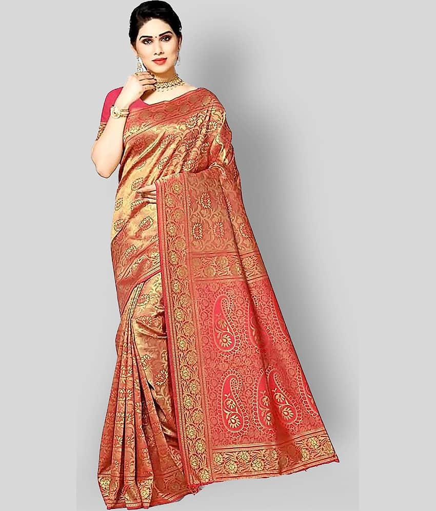 NENCY FASHIONS Banarasi Silk Saree With Unstitched Blouse Piece ( Pink )