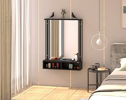 DAS Bárbara Engineered Wood Wall Mount Dressing Table Vanity Mirror with Storage Shelves - Black