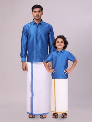 Matching Father & Son Dupion Satin Blue Shirt with Dhoti Combo-Kids 01 - 02 Yrs / 36 / F/S