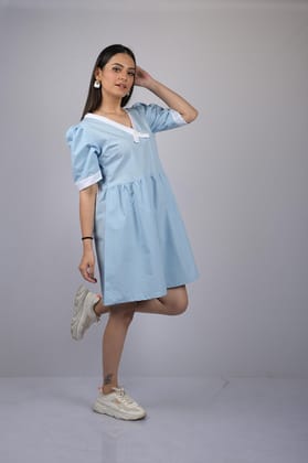 OWO THE LABEL Cotton Dress For Women Sky Blue Frock Style Knee Length Dress (OTL-DRS1057)-Sky / S