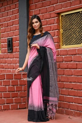 Saadgi ~Pure Cotton Handloom Sarees with Intricate Borders ~ Light Pink