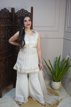 Off White Colour Sequence & Thread Work Kurta with Sharara & Dupatta (Dress have 6 inch of margin both side for alteration as per customer need)-Free Size / Off White