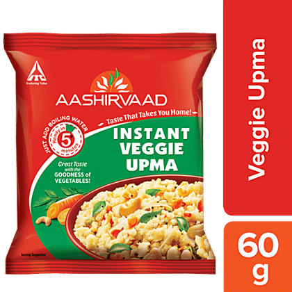 Aashirvaad Instant Veggie Upma - Ready To Eat Upma With Added Vegetables For Breakfast, 60 g Pouch