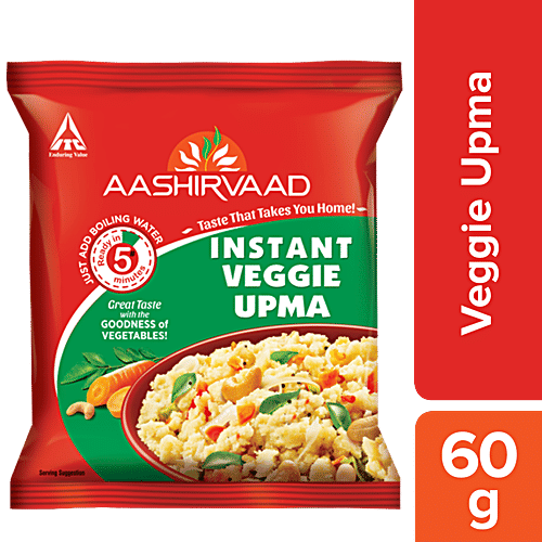 Aashirvaad Instant Veggie Upma - Ready To Eat Upma With Added Vegetables For Breakfast, 60 g Pouch