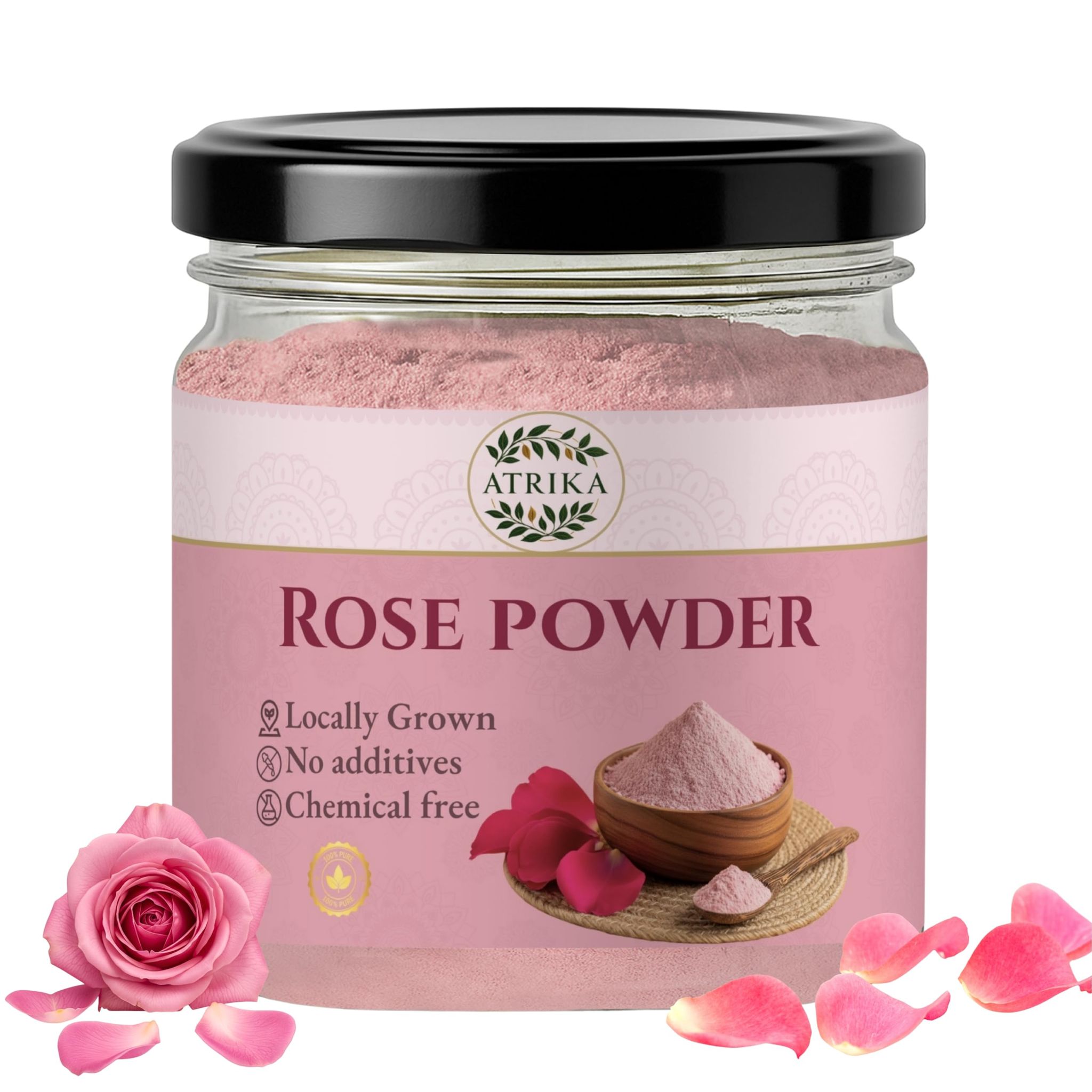 Atrika Rose Powder 125g | Pure Rose Petal Powder for Face Pack | Herbal Skin Care for Glow, Tan Removal & Soft Skin