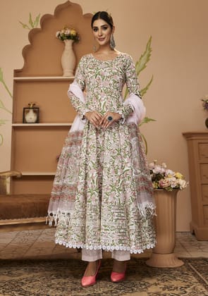 Handblock Printed Green Anarkali Cotton Kurta With Trousers & Dupatta-S