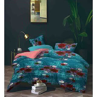 BLACK BEE  Pink  red flowers print on torquise base 
double bedsheet with 2 Pillow Covers (208 X 213 cm)(BS8-07)