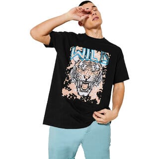 Leotude Men Black Printed Cotton Blend T-Shirt