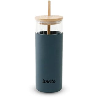 IMECO ECO-SIPPER Glass Sipper Bottle with Stylish Bamboo Lid And Straw 450 ml (Navy)