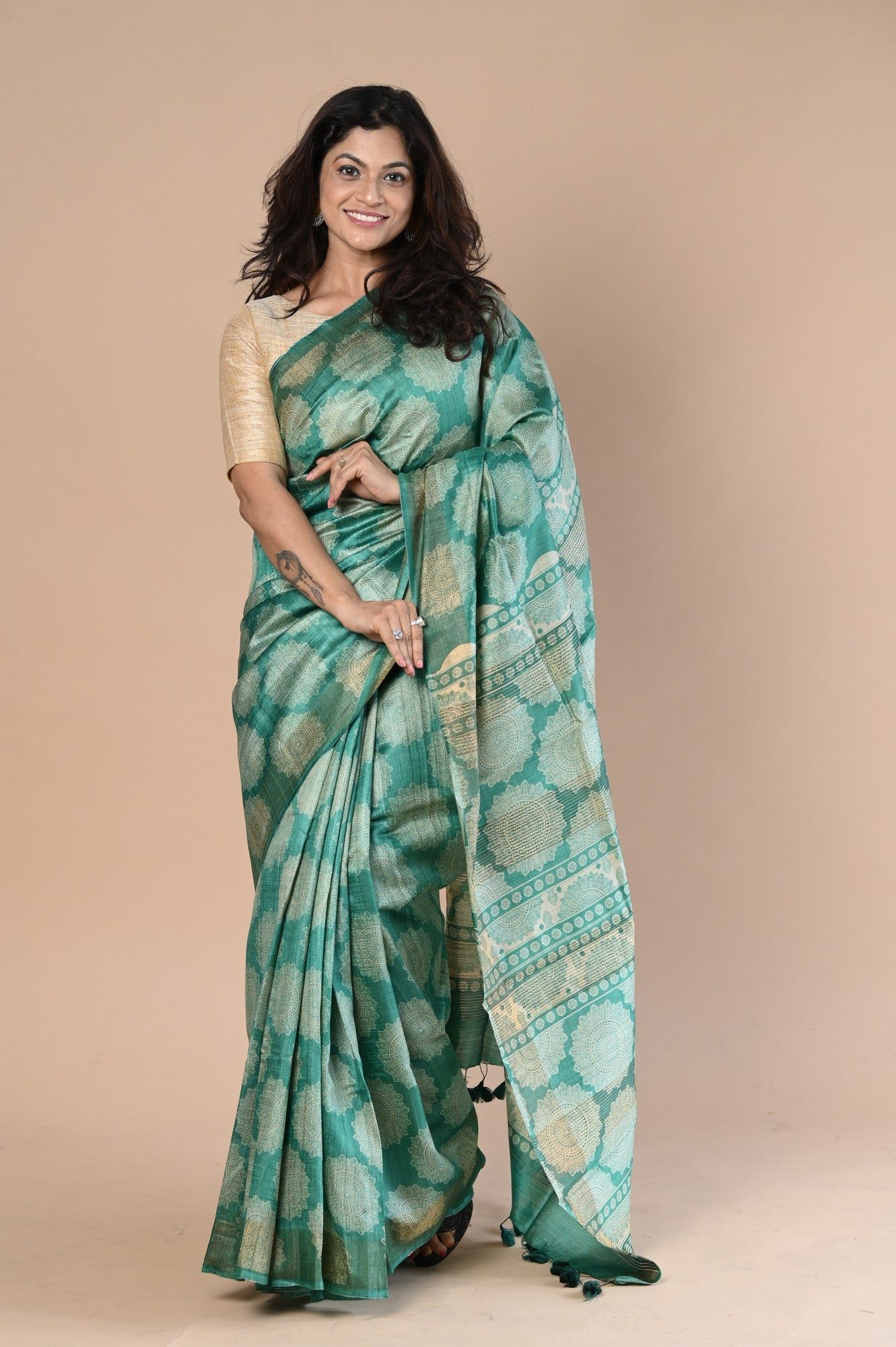 Exclusive Handloom Pure Tussar Silk Saree By Khadigram Certified Weavers ~ Green
