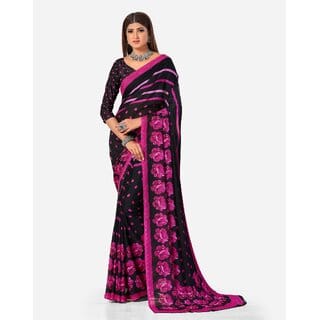 SVB Sarees Womens Black And Pink Pure Georgette Printed Saree With Blouse Piece SVB Sarees Womens Black And Pink Pure Georgette Printed Saree With Blouse Piece