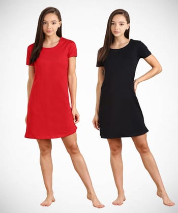 Girls Plain Half sleeve Combo Night Dress-7-8YEARS / RED BLACK