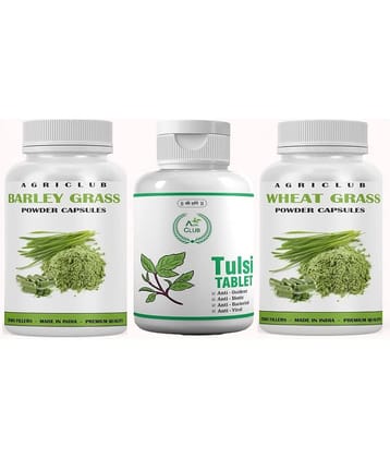 Agri Club Barley Grass Capsule 60pcs, Wheat Grass Capsule 60pcs, Tulsi Tablet 60pcs, (Pack of 3)