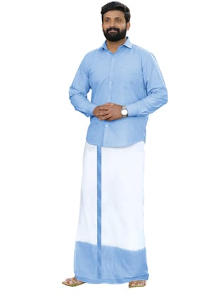 Sky Blue Two Tone Double Dhothie + Shirt Set Full Sleeve 43002-38