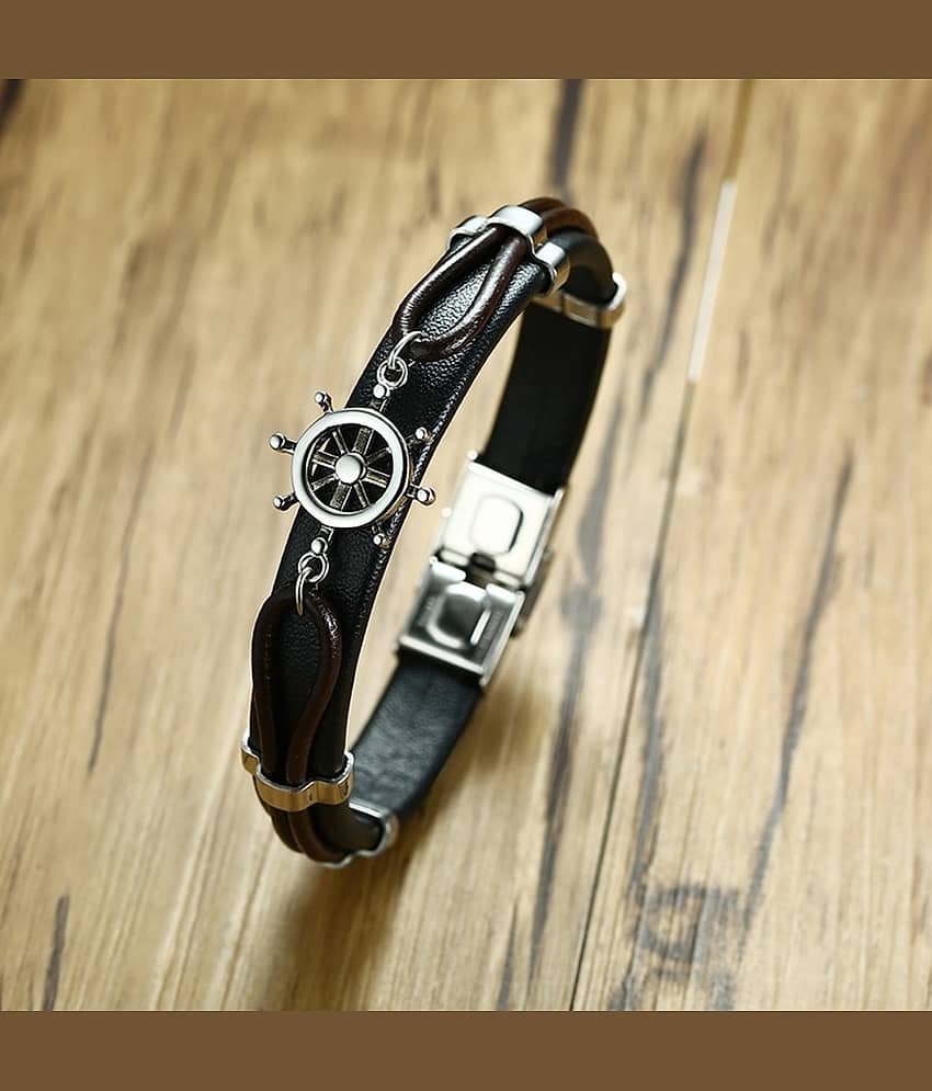 ZIVOM® Anchor Rudder Sailor Navy Ship 316L Surgical Stainless Steel Genuine Black Leather Bracelet Wrist Band For Boys Men