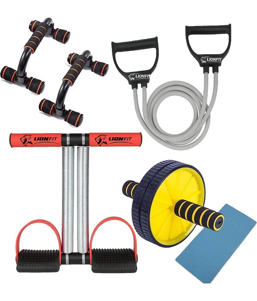 LionFit ® 4-in- Home Gym Kit Combo for Men & Women | Double Spring Tummy Trimmer, Push-Up Bars, Resistance Tube, Ab Roller with Knee Mat | Full Body Workout & Fitness Equipment
