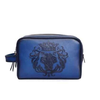 Handcrafted Embossed Lion Blue Leather Travel Kit bag /Shaving Kit by  Brune & Bareskin-FS