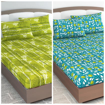 Green Leaf Pattern Elastic Fitted Combo Bedsheet For King Size Bed Set of 2-King / Green / ME_1148-1154-FKB