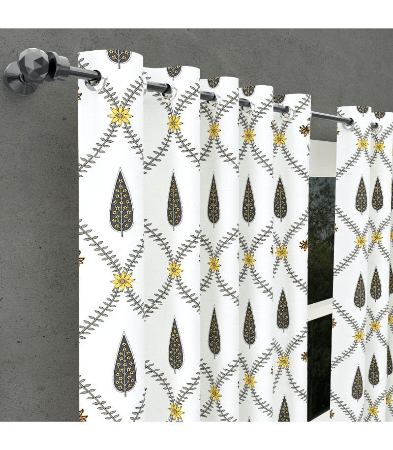 Pookalam Bloom Curtains  Rihaa Hand Block Printed in Yellow & Grey ( 5 feet )