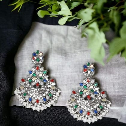 Silver-Toned  White Mirror Circular Drop Earrings