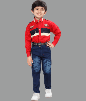 DKGF Fashion Pack of 1 Boys Cotton Blend Shirt & Jeans Set ( Red )