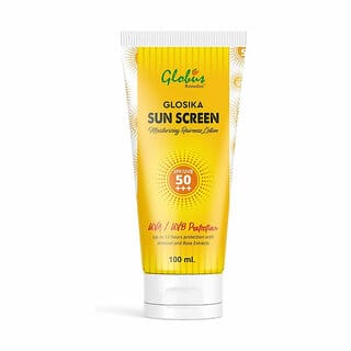 Globus Remedies Glosika Sunscreen Lotion, SPF 50 PA+++ Up to 12 hrs Protection with Almond & Rice Extract, Suitable For All Skin Types, 100 gm