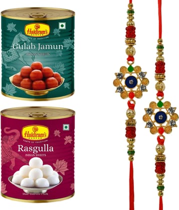 Haldiram's Nagpur Rasgulla and Gulab Janmun Tin(Combo Pack)(1kg x 2) With 2 Rakhi Assorted Gift Box (Multicolor)