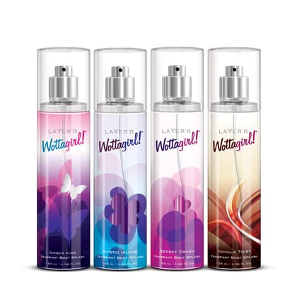 Layer'r Wottagirl Body Splash, 4x135ml (Amber Kiss + Mystic Island + Secret Crush + Vanilla Twist) | Long Lasting Body Spray for Women | Gift Set for Women