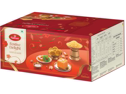 Haldiram's Festive Delight Gift Hamper - Includes The crunchy Mathri 200g, Moong Dal 200g, Badam Halwa 200g & the refreshing Orange Soan Papdi 250g