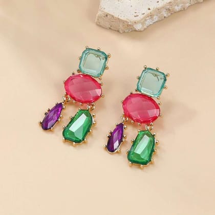 Geometric Blue Pink Multicolour Cubic Zirconia 18K Gold Copper Anti Tarnish Dangler Earring Pair For Women-Pink