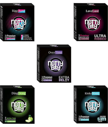 NottyBoy BiggBang 4in1 Dots Ribs Over Time, Ultra Ribbed, Extra Delay Extra Thin, Fruit Flavoured Condoms - (Sets of 5, 15Sheets)