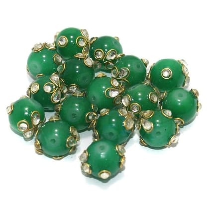 20 Pcs 12mm Glass Kundan Beads Round Green-Green / Glass