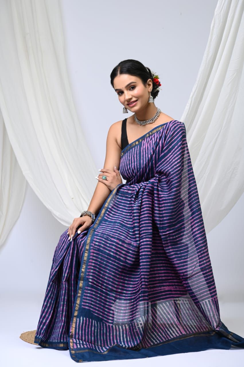 Hand block printed chanderi silk Sarees with blouse A