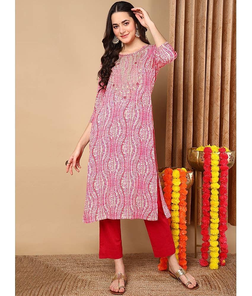 Vaamsi Cotton Blend Printed Straight Women's Kurti - Pink ( Pack of 1 )