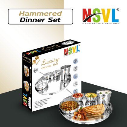 NSVL Stainless Steel Dinner Set of 6 Pieces (1 Set)|Premium Luxury Thali Set | Dinner Set Combo-HAMMERED DINNER SET