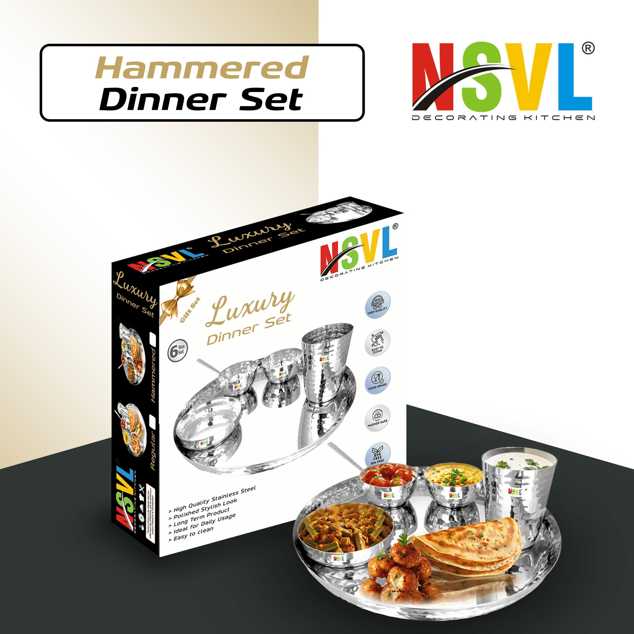 NSVL Stainless Steel Dinner Set of 6 Pieces (1 Set)|Premium Luxury Thali Set | Dinner Set Combo-HAMMERED DINNER SET