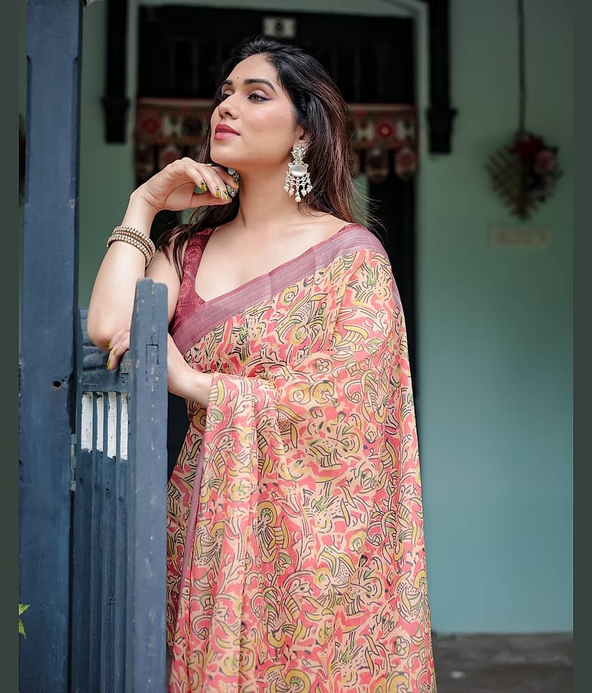 Almaari Fashion Linen Printed Saree With Unstitched Blouse Piece ( Multicolor )