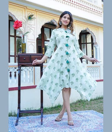 Yash Gallery Women Rayon Printed Asymmetric Dress ( White )